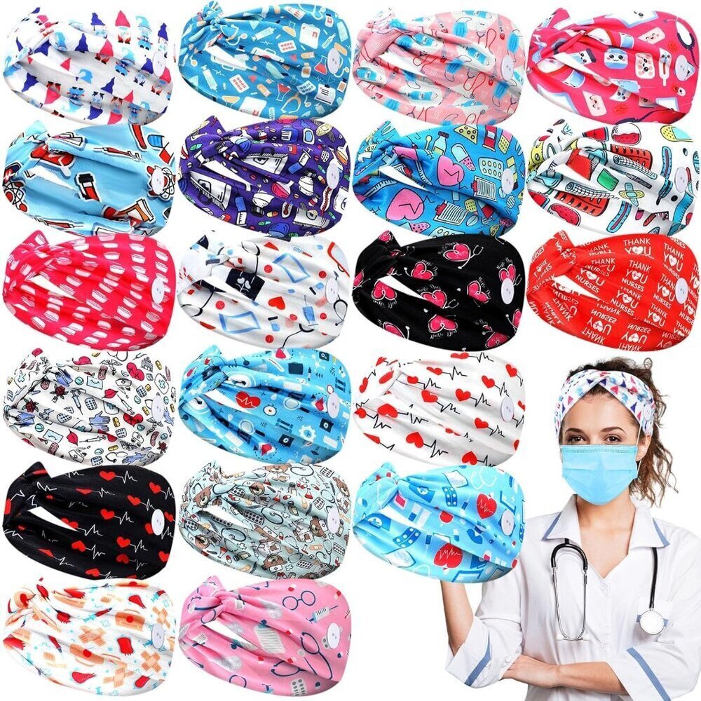 20 Pcs Nurse Headbands Women Wide Button Mask Holder Sweatband Elastic